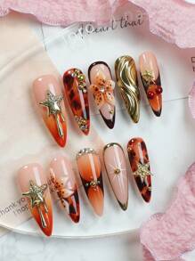 10 piezas de uñas postizas de punta francesa hechas a mano de medio tamaño de almendra, con decoración de estampado de leopardo y flor 3D, con accesorio de polvo de espejo mágico, estrella dorada y diseños con brillos, uñas postizas de estileto de cobertura completa reutilizables para uso diario de mujeres y niñas