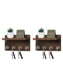 8.5 Inch Wooden Wall Mounted Key Holder Organizer, 4-Hook Entryway Decorative Wall Rack For Living Room, Kitchen (Brown) - Multicolor - View 10