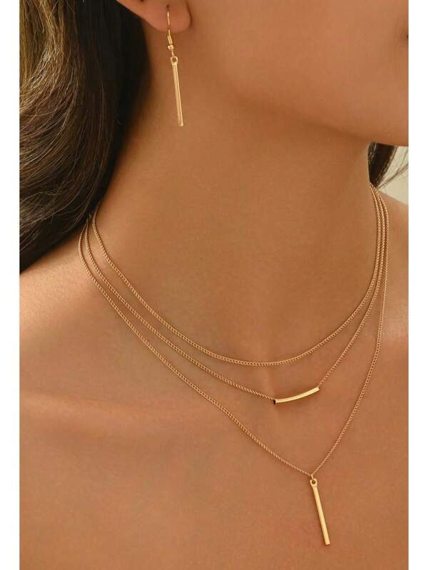 3pcs Bohemian Style Women Jewelry Set, European And American Chic Minimalist Golden Geometric Long Tube Multi-Layer Pendant Necklace + Earrings