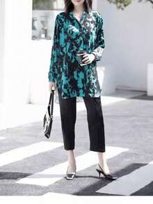 Women's Elegant Slimming Ink Print Shirt, Concealing Belly High-End Blouse, Long Sleeve Mid-Length Covering Buttocks, All-Over Print Woven Fabric, Front Button Closure, Suitable For Daily Wear In Spring, Summer, Autumn