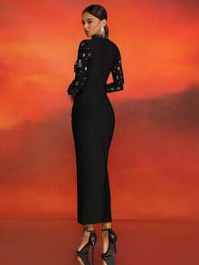 Love Aing 女式黑色长袖正式晚礼服，带水钻装饰，奢华宴会，优雅商务礼服 - 黑色 - 查看 11