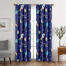 1 Set/2 Pcs Cartoon Outer Space Curtains, 100% Polyester Semi-Shading - UV Protection Drapes, Featuring Galaxy, Rocket, Astronaut, Universe, Planet Window Treatments - Blue - View 13