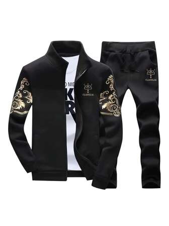 男士拉链夹克和裤子运动套装，春秋季休闲装