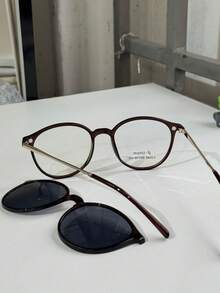 Women's Clip-On 2 In 1 Round Small Size Polarized Lens Eyeglasses Frame PZ948 - Coffee Brown - View 4
