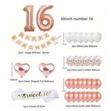 32 Pcs Sweet 16th Decorations Pink Happy Birthday Banner 30inch Rose Gold Number 16 Balloons Rose Gold Confetti Balloons White Sash 16th Birthday Party Supplies Photo Props