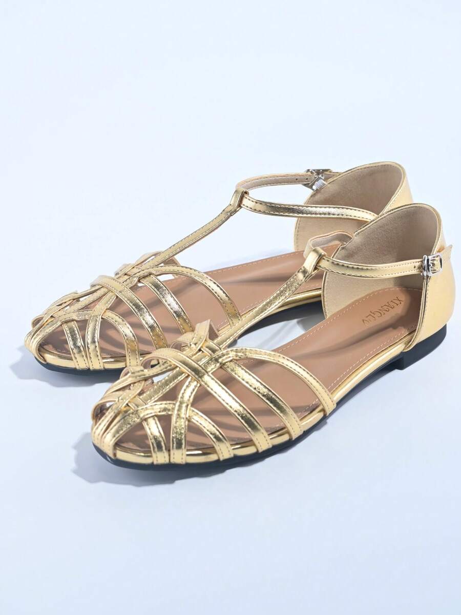 Sandalias de Gladiador Mexicanas Artesanales en Color Dorado Brillante y Marrón Caramelo para Mujer, con Diseño de Jaula, Correa de Tobillo Ajustable, Plantilla Acolchada, Suela de Goma Flexible, Respaldo de Talón Suave, Tallas Grandes, Ligeras y Cómodas, Estilo Bohemio Chic, Calzado Versátil para Verano y Moda Casual Elegante