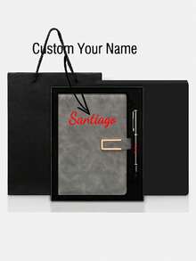 1pc Customized A5 Notebook With Engraved Pen - Minimalist Textured Notebook For Notes, Diary And Meetings - Customized Name, Phone, Logo - Retro Snap Closure - Ideal Gift For Office Or Personal Use - White - View 1