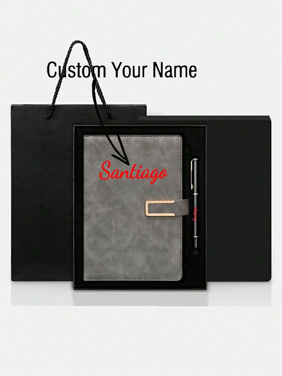 1pc Customized A5 Notebook With Engraved Pen - Minimalist Textured Notebook For Notes, Diary And Meetings - Customized Name, Phone, Logo - Retro Snap Closure - Ideal Gift For Office Or Personal Use - White - View 1