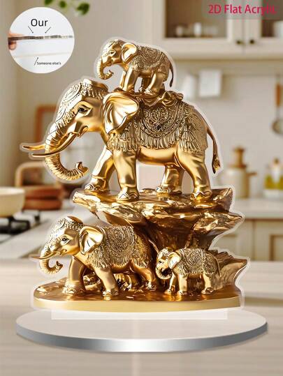 1pc 2D Flat Acrylic Printed Decoration - 4 Elephants Migration Grassland, Gold Color (15cm/5.9inch), Suitable For Home Decor, Birthday Gift, Office Decor, Room Decor, Sun Catcher, Living Room Decor, Waterproof - Best Gift For Friends And Family