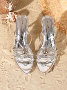 On feet& in love Women's Fashion Elegant Metal Buckle Pointed Toe Criss-Cross Strap Open Toe Stiletto High Heel Mule Sandals, Suitable For Dresses - Silver - View 6