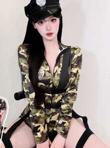 1pc Camouflage Print Police Costume, Suitable For Cosplay, Music Festival And Events (Clothing + Suspender Straps For 88-132 Lbs Body Weight)