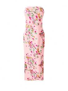 女士街头花园假日优雅性感无肩带露背数码印花长裙，修身派对正式鸡尾酒会海滩波西米亚风，春夏秋季 - 淺粉色 - 查看 4