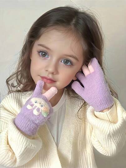 1 Pair Kids Gloves, Warm Thermal Lined Cute Rabbit Design Finger Gloves For Boys And Girls, Suitable For Outdoor Play, Fits Ages 2-5