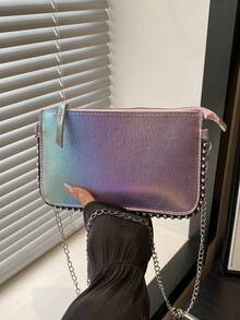 女士拼布串珠链条肩带斜挎包，复古彩色激光仿金属派对信封手拿包 [颜色随机] - 彩色 - 查看 7