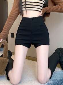 大码女式高腰加厚弹力短裤、休闲紧身裤/紧身裤，适合秋冬 - 黑色 - 查看 1