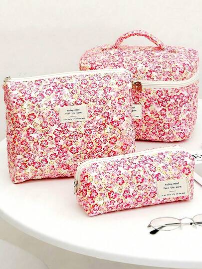 1/3 Pcs Floral Cosmetic Bag Set, Casual Handbag, Large Capacity Women Daily Travel Makeup Organizer Bag, Small/Medium/Large Portable Sewing Cloth Bag, Cute Floral INS Style Travel Bag, Suitable For Storing Cosmetics, Toiletries And Travel Supplies. Floral Aesthetic Print Cosmetic Bag Set, Travel Toiletry Organizer. Gift For Women, Gift For Men.