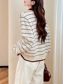Women's Autumn/Winter Casual Striped Contrast Color Design Knit Cardigan - Beige - View 2