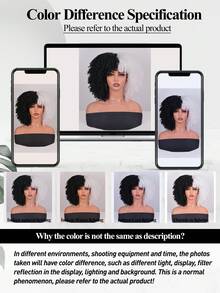 Short Afro Kinky Curly Wig With Bangs Synthetic Wig Curly Afro Wigs For Women Black Wig Brown Gold Gradient 12 Inch Replacement Wigs Party Use Natural Cosplay Wigs - Black and White - View 8