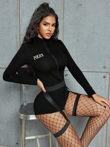 1 peça de fantasia sexy de policial preta, adequada para 88-132 libras, festival de música, cosplay, traje de dramatização (blusa + suspensório)