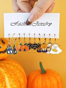 10件/30件万圣节系列新款暗黑风格卡通锌合金珐琅南瓜、蝙蝠、鬼魂、死神、黑猫耳环套装，万圣节首饰礼物 - 彩色 - 查看 4