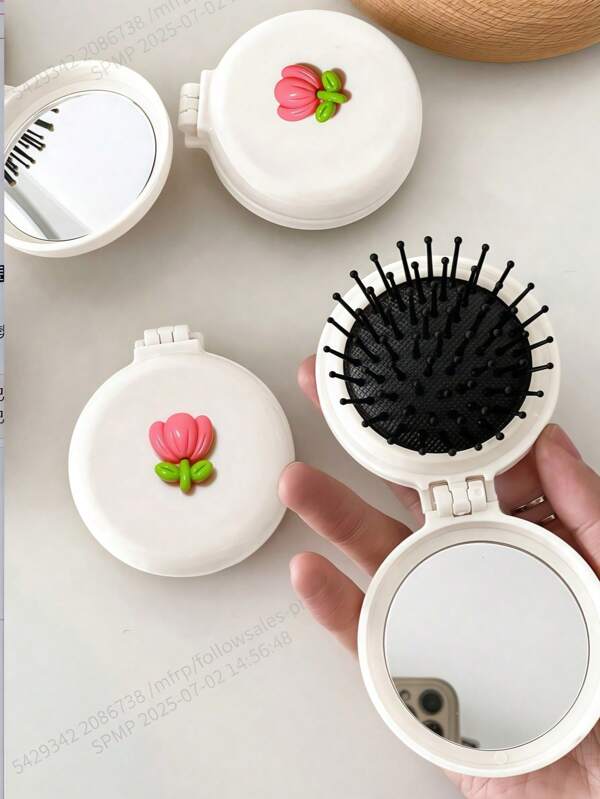 1/2pcs/Set Tulip Flower Portable Airbag Mirror Comb, Foldable Pocket Cosmetic Mirror, Flower Design Compact Desktop Mirror, Ladies & Girls Portable Travel Mirror, Makeup & Appearance Mirror Comb 2-In-1, Travel Goods, Wedding, Party, Birthday Gifts, Accessories