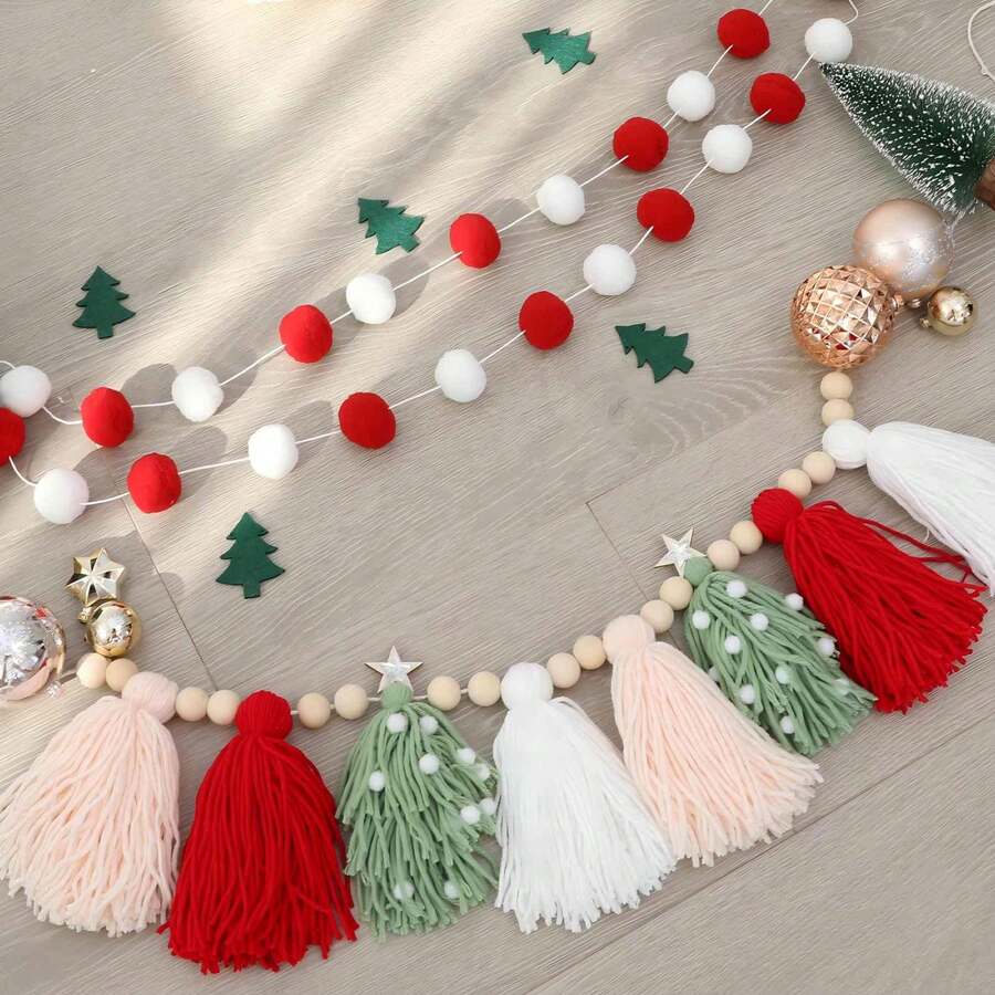Christmas Banner Tassel Garland And Red White Green Brown Pom Pom Garlands Wall Hanging Home Decor For Party Decoration Christmas Decorations Room Decor Winter Christmas Decorations Home Christmas Gifts Christmas Decor