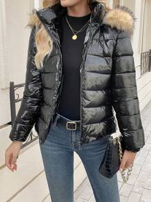 女士优雅连帽夹克，短款拉链毛领外套，日常冬季保暖穿着，黑色绗缝开衫 - 黑色 - 查看 4