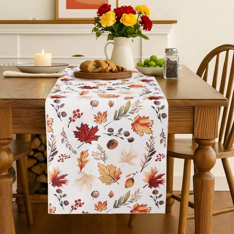 1 Stück Tischläufer mit Blattdruck für Thanksgiving, Ahorn-Blatt Landhausstil Dekoration für Küchentisch, geeignet für Wohnzimmer, Innen-/Außenbereich, Familientreffen