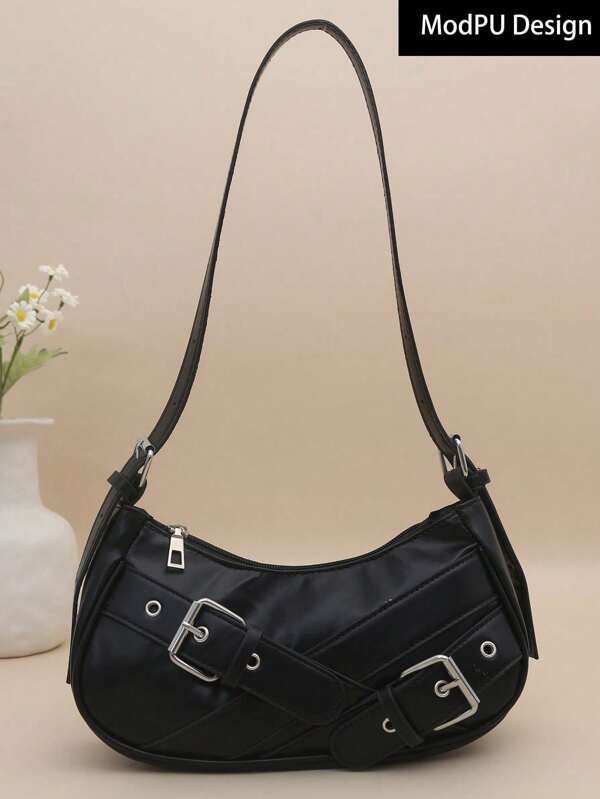 1 pieza Bolso de hombro de estilo gótico Y2K de piel de poliuretano negra con decoración de remaches, estilo vintage, perfecto para el uso diario, bolso de media luna elegante para mujeres