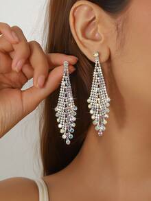 1 Pair Silver-Plated Fashion Tassel & Rhinestone Earrings Set, Suitable For Women Wedding Party Events - Silver - View 4