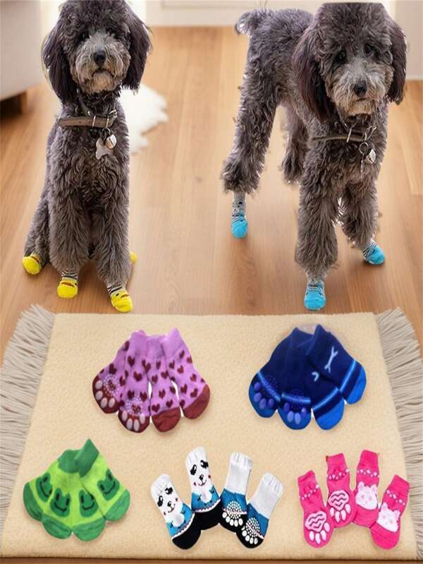 4pcs Cute Pet Socks, Pet Paw Protector, Dog Socks For Indoor Hardwood Floors, Outdoor Pet Shoes, Anti-Dirty Dog Shoes, Anti-Slip, Scratch-Resistant Dog Socks To Protect Paws From Heat And Rough Surfaces, Suitable For Small And Medium Dogs