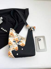 2025新款碎花拼布时尚简约休闲清新大容量单肩托特包腋下包，女士新月斜挎包，学生挎包，购物手提包 - 黑色 - 查看 9