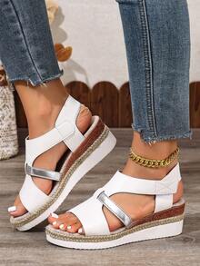 Casual Elegant Linen Rope Sole Platform Open Toe Hook And Loop Strap Roman Style Women Sandals - White - View 5