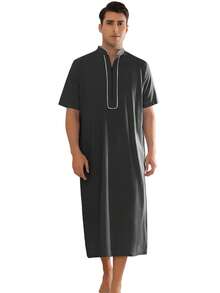 Men's Loose Fit Short Sleeve Nightgown Stand Collar Zipper Long Nightshirts - Black - View 1