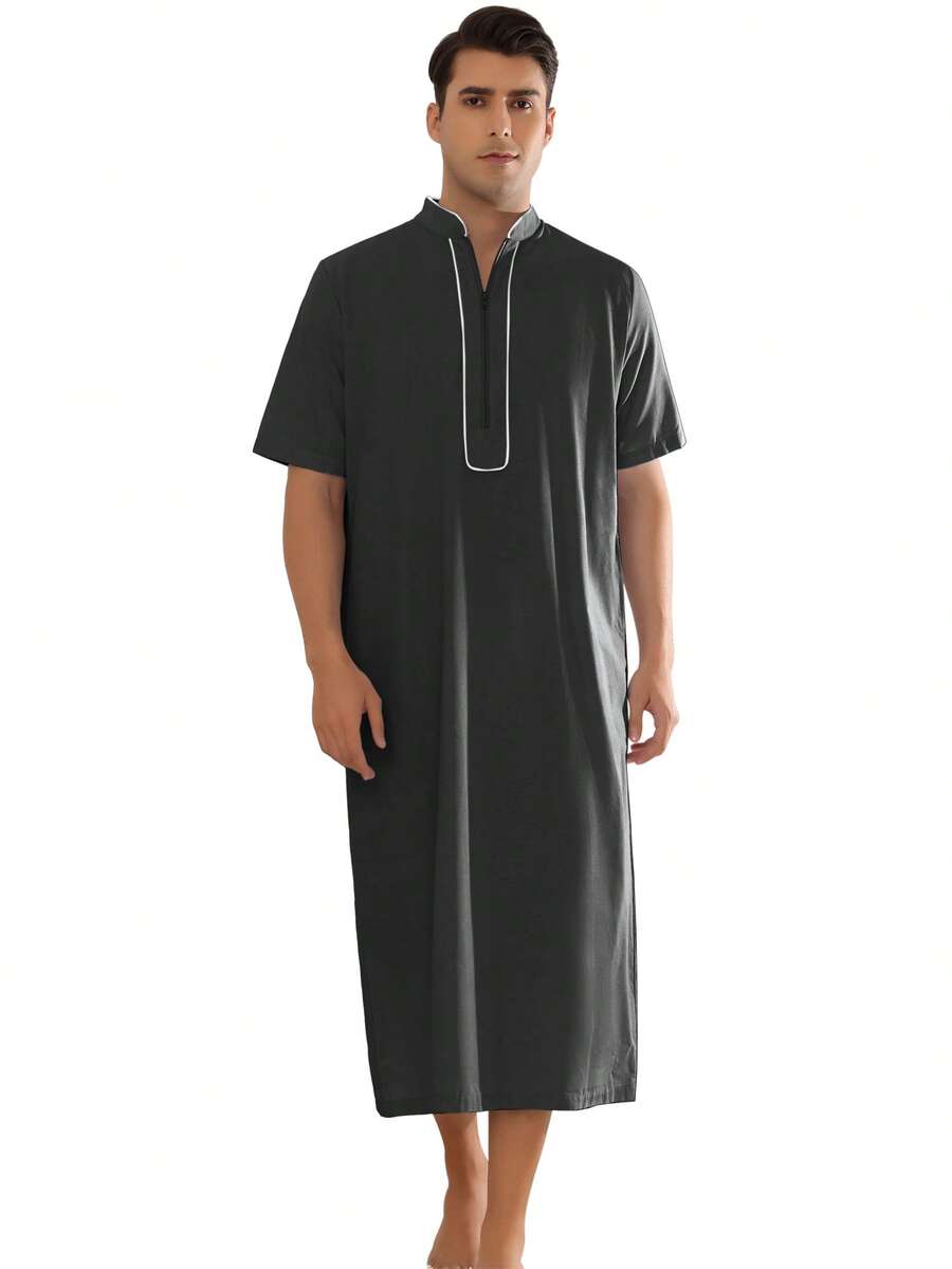 Men's Loose Fit Short Sleeve Nightgown Stand Collar Zipper Long Nightshirts - Black - View 1
