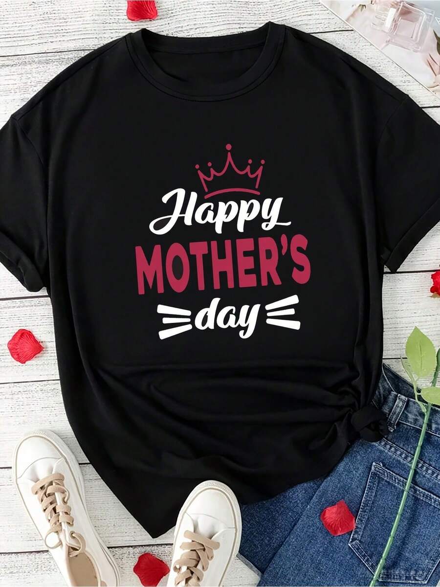 Women's Black Mother's Day T-Shirt: Happy Mother's Day Floral Lettering With Wreath Bow Design, Casual Round Neck Short-Sleeved Top, Suitable For Spring, Summer, And Autumn, Machine Washable. Gift For Mom.