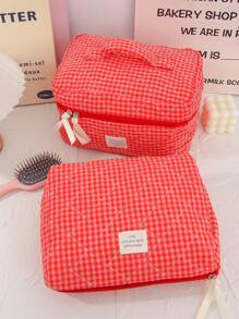 Juego de bolsas organizadoras de gran capacidad para el hogar con cremallera, bolsa de tocador portátil y con asa, bolsa de almacenamiento de cosméticos con diseño acolchado y de cuadrícula clásica en color rojo, bolsa cuadrada pequeña para almacenar toallas sanitarias, bolsa de maquillaje multifuncional para el hogar con asa, regalos para el Día de San Valentín, Navidad, Acción de Gracias, suministros para damas de honor y bodas