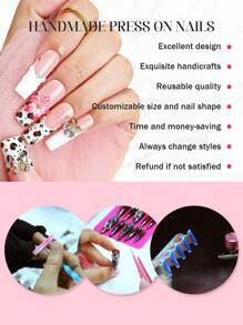 10 piezas de uñas postizas de punta francesa hechas a mano de medio tamaño de almendra, con decoración de estampado de leopardo y flor 3D, con accesorio de polvo de espejo mágico, estrella dorada y diseños con brillos, uñas postizas de estileto de cobertura completa reutilizables para uso diario de mujeres y niñas
