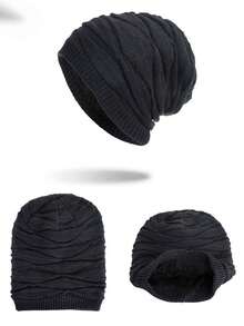 1pc Men's Solid Color Loose Knit Beanie Hat, Autumn/Winter - Long-JZML - View 2