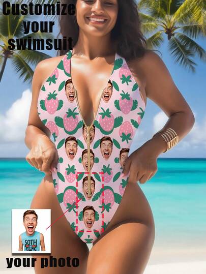1 pièce Maillot de bain personnalisé pour femme, visage personnalisé, maillot de bain dos nu à bretelles zippées pour femme, maillot de bain une pièce taille haute sans manches pour femme, sexy, féminin, convient pour la piscine, la plage, les vacances, les maillots de bain pour filles