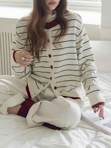 Women's Autumn/Winter Casual Striped Contrast Color Design Knit Cardigan - Beige - View 6