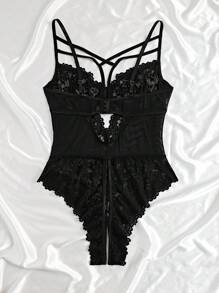 Mono de lencería sexy con encaje calado y contraste para mujer de talla grande