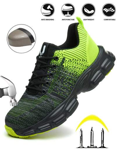 UMBURLLY 1双渐变色运动面料系带男士安全鞋，户外防压防刺穿工作鞋