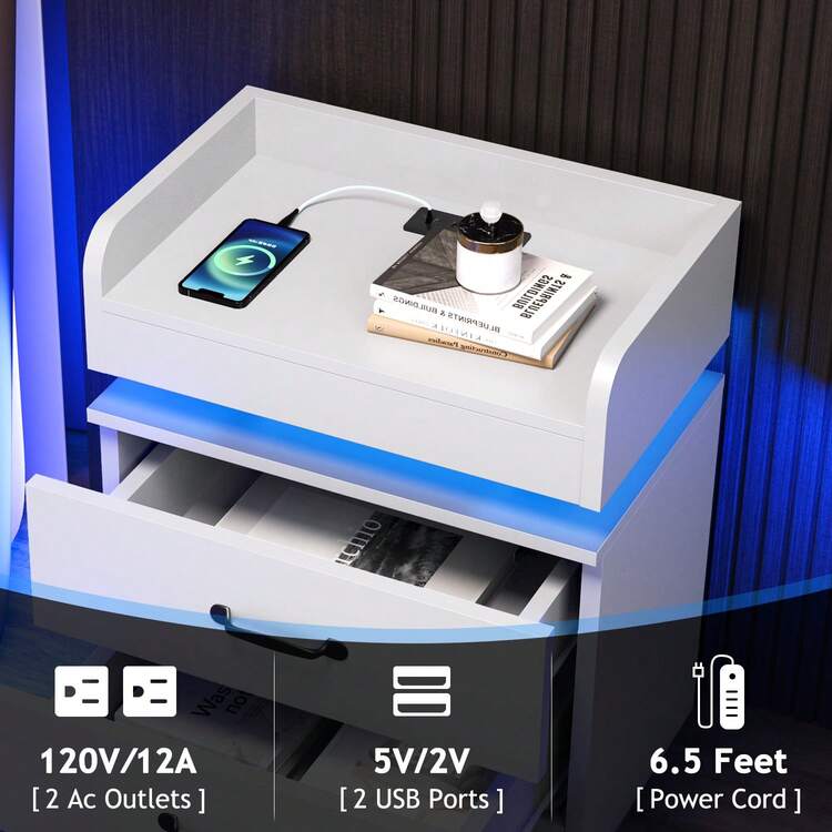 Juego de 2 mesitas de noche LED modernas con 2 cajones, mesitas de noche y mesitas auxiliares para dormitorio, en negro, blanco y gris. - Blanco - Añade 4