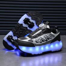 LED Multi-Flashing 4-Wheel Roller Skates, Quick Skating, Detachable Wheels, Fashion Casual 2-In-1 Roller Shoes, Rotary Buckle Adjustable Loose Fit - Black - View 8