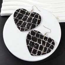 Sequin Decor Women Black Hot Pink PU Leather Heart Drop Party Earrings Stylish Jewelry