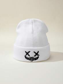 Bonnet tricoté unisexe avec expression mignonne/maléfique brodée, polyvalent