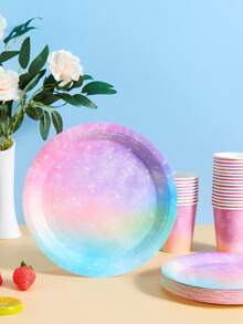 Juego de vajilla para fiesta galáctica, platos y vasos desechables con astronauta y nubes de diseño galáctico, apto para fiesta de cumpleaños con tema de astronauta, sirve vajilla para 25 invitados - Multicolor - Ver 3