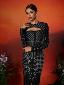 Love Aing Amor Aing 2 piezas vestido de fiesta de gala elegante y sexy con diseño de cuentas hecho a mano, vestido largo de noche maxivestido ajustado con efecto calado