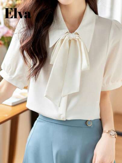 ELVA 白色衬衫，优雅百搭，适合通勤和约会，纯色设计，领口系带蝴蝶结，短袖上衣，情人节和新年皆宜。